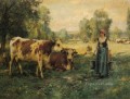 Ein Milch Mädchen mit Kühen und Schaf Leben auf dem Bauernhof Realismus Julien Dupre